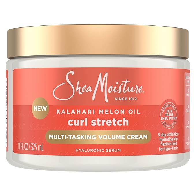 SheaMoisture Curl Stretch Crema de volumen multitarea Kalahari Aceite de melón y un aroma tropical de vacaciones con suero hialurónico hidratante, define rizos tipo 4
