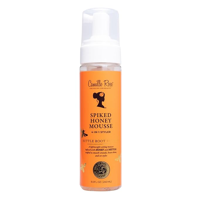 Camille Rose Mousse de miel con pinchos, estilizador de cabello 4 en 1 con raíz de ortiga, para nutrir e hidratar hebras, definir rizos y añadir brillo, para todo tipo de cabello, 8 onzas líquidas