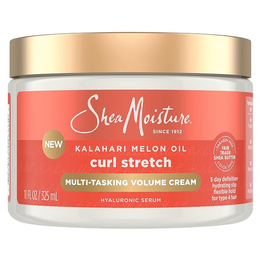 SheaMoisture Curl Stretch Crema de volumen multitarea Kalahari Aceite de melón y un aroma tropical de vacaciones con suero hialurónico hidratante, define rizos tipo 4