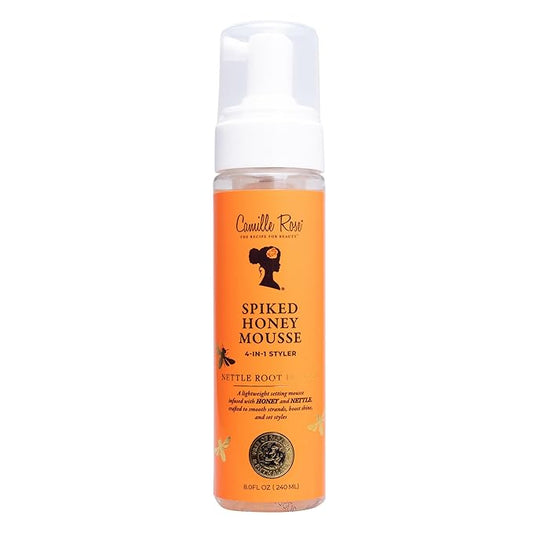 Camille Rose Mousse de miel con pinchos, estilizador de cabello 4 en 1 con raíz de ortiga, para nutrir e hidratar hebras, definir rizos y añadir brillo, para todo tipo de cabello, 8 onzas líquidas