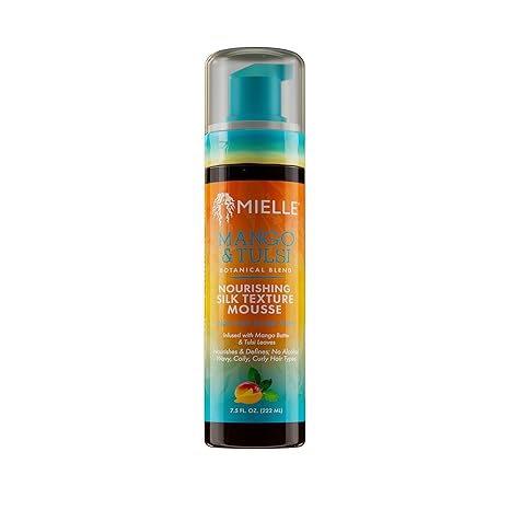 Mielle Organics Mango & Tulsi - Mousse nutritiva para el cabello con textura de seda, espuma ligera y mousse de peinado para el cuidado del cabello rizado