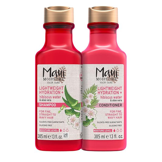 Maui Moisture Hidratación ligera + champú de agua de hibisco + acondicionador, aloe vera nutritivo suaviza y apaga el cabello, vegano y sin silicona, 13 onzas líquidas